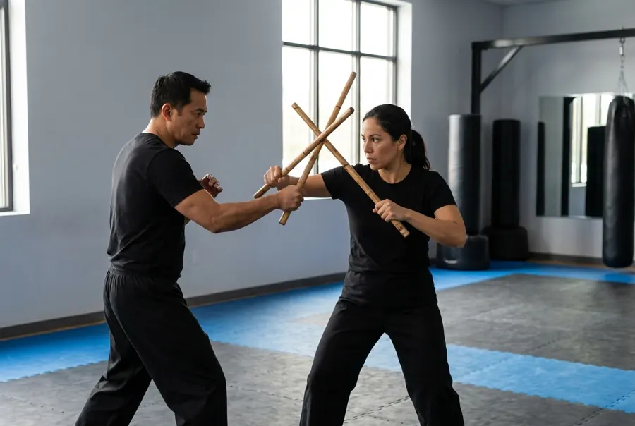 Two adults cross rattan sticks during a Filipino martial arts drill