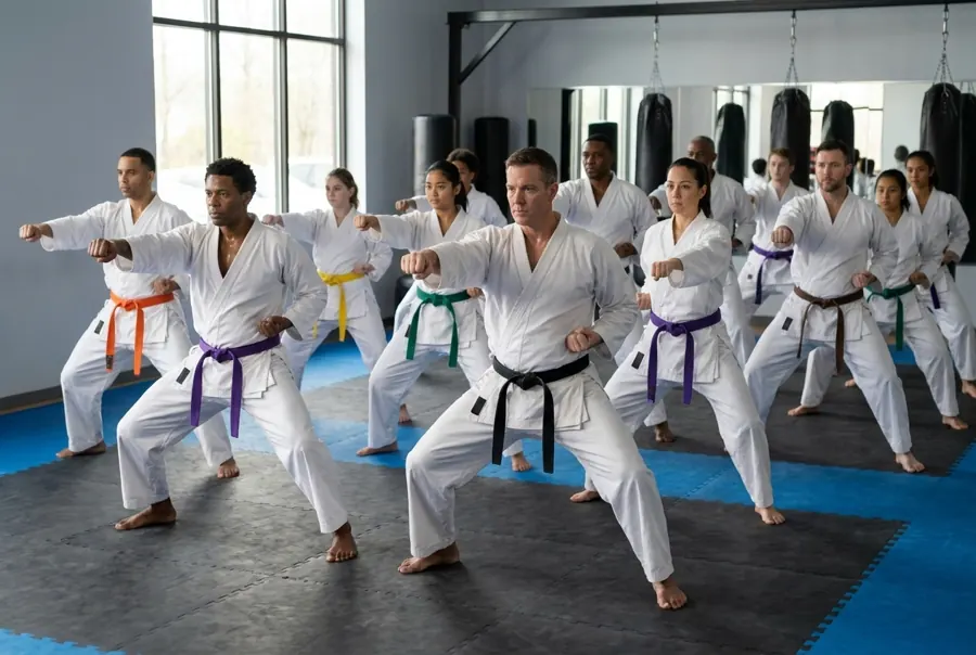 An adult karate class throws a punch in unison
