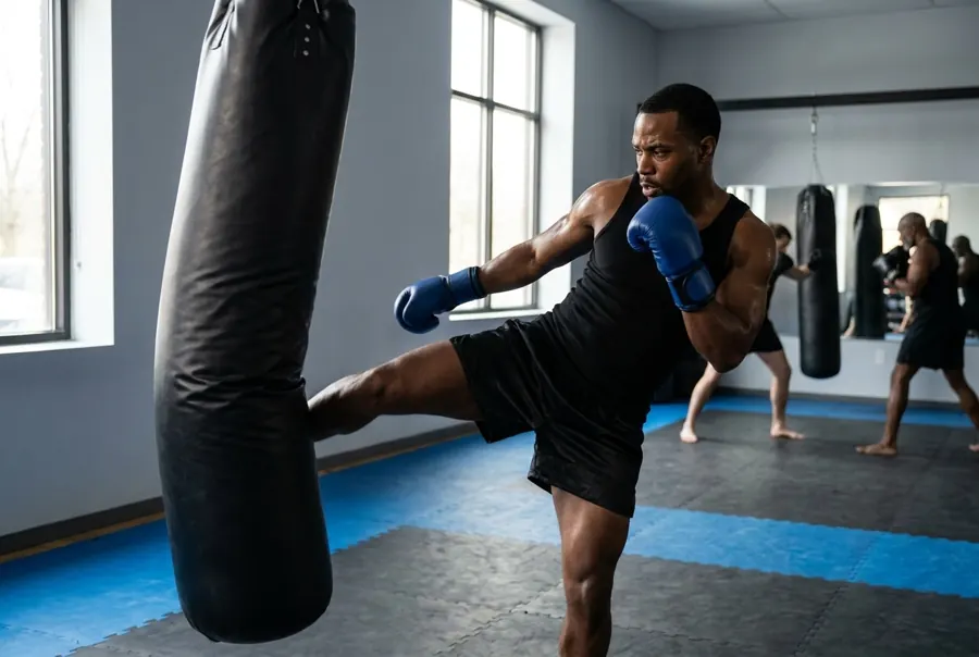 A man lands a shin kick on a heavy bag