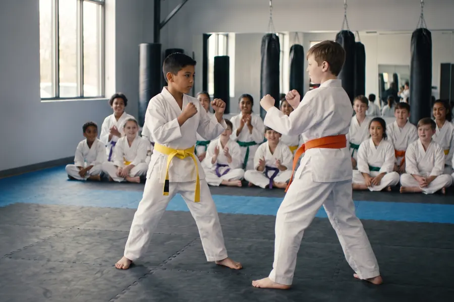 Two boys in karate uniforms face off while their class cheers