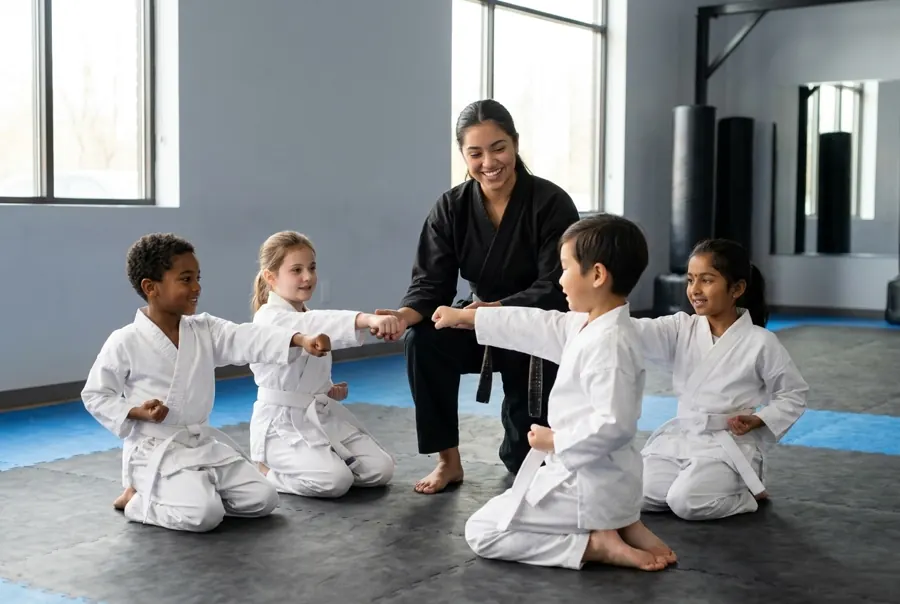 An instructor helps preschoolers in white uniforms practice a punch