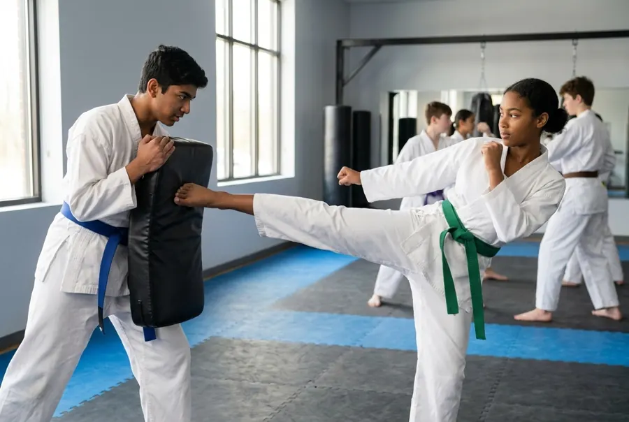 A teen girl lands a side kick on a pad held by a teammate