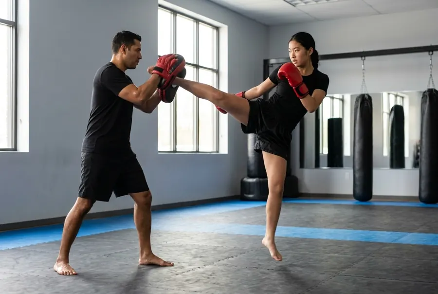 A teen throws a roundhouse kick into mitts held by her coach
